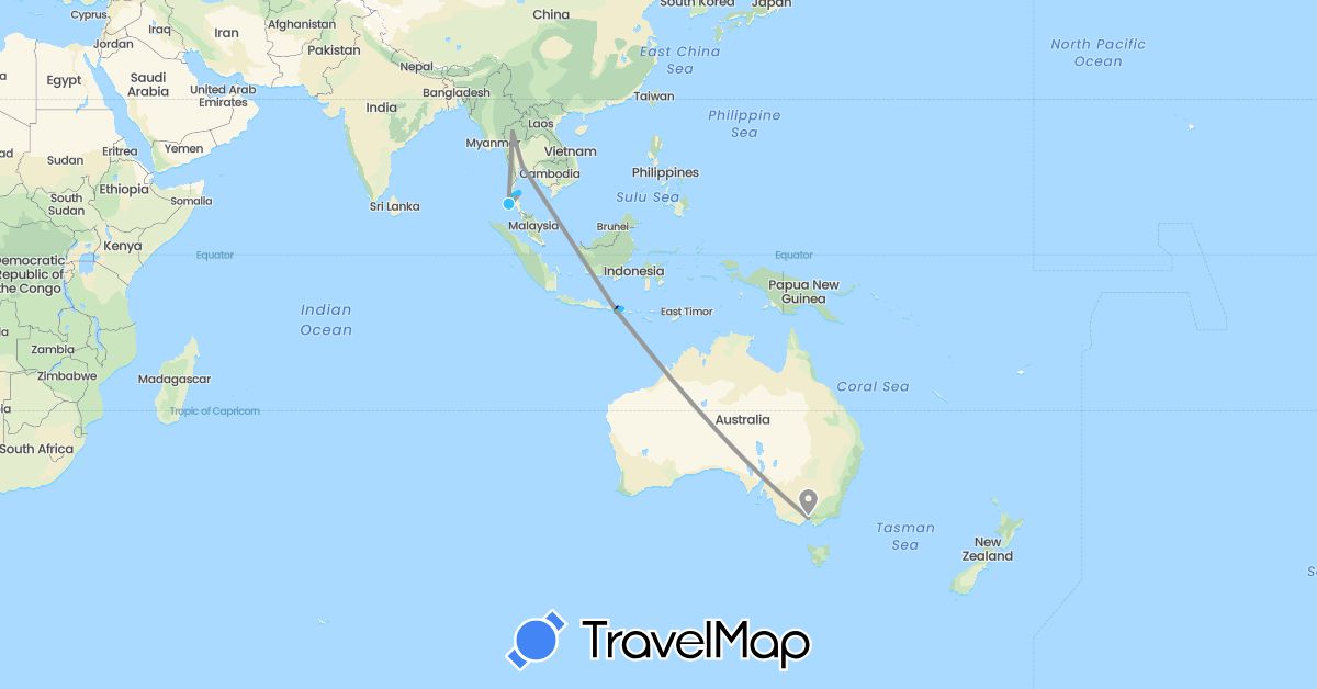TravelMap itinerary: driving, bus, plane, boat in Australia, Indonesia, Thailand (Asia, Oceania)