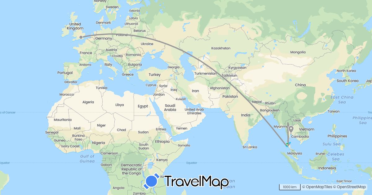 TravelMap itinerary: driving, bus, plane, boat in United Kingdom, Thailand (Asia, Europe)